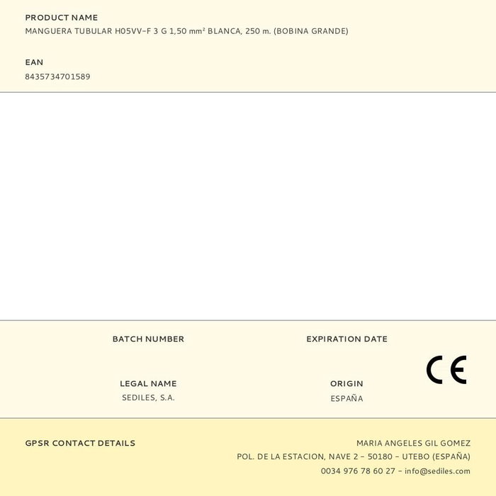Sediles Manguera Tubular H05VV-F 3G1.50 mm² Blanca 250 m Bobina Grande