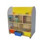 Mobeduc Expositor de Libros Ovalado 602102HR18, Doble Cara con Barra y Cubetas, Melamina Haya, Ruedas con Freno, 1200x1030x600 mm