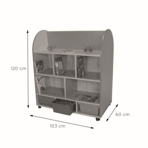 Mobeduc Expositor de Libros Ovalado 602102HR18, Doble Cara con Barra y Cubetas, Melamina Haya, Ruedas con Freno, 1200x1030x600 mm Mobeduc Expositor de Libros Ovalado 602102HR18, Doble Cara con Barra y Cubetas, Melamina Haya, Ruedas con Freno, 1200x1030x600 mm