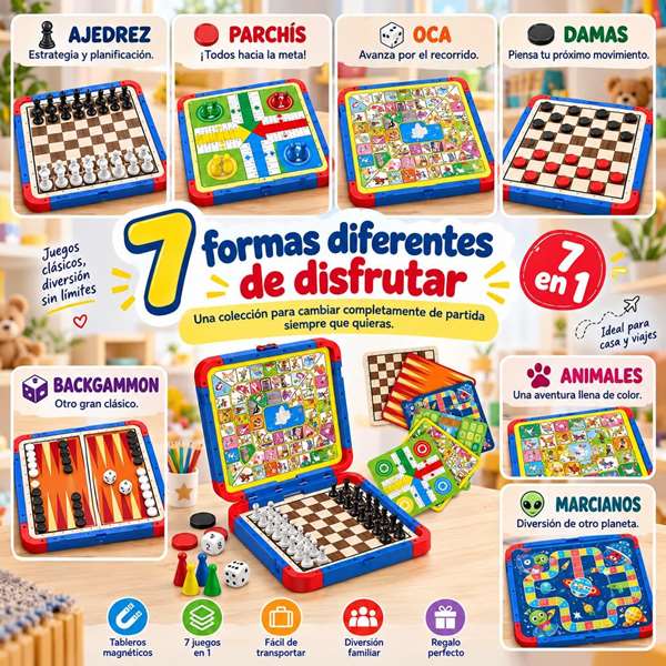 Jugatoys - enfamilia Juegos Clásicos magnéticos 7 en 1 con accesorios