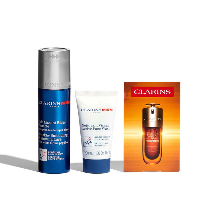 Clarins Men Gel Crema Antiedad y Firmeza Facial - Estuche con 4 Productos: Gel Crema 50 ml, Limpiador 30 ml, Double Serum 1 ml y Neceser