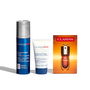 Clarins Men Gel Crema Antiedad y Firmeza Facial - Estuche con 4 Productos: Gel Crema 50 ml, Limpiador 30 ml, Double Serum 1 ml y Neceser