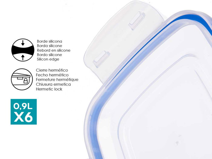 Leknes Set 6 Fiambreras Plástico Cuadradas 900ml 14.5x8.5x14.5cm (Set de 8)