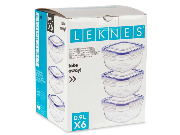Leknes Set 6 Fiambreras Plástico Cuadradas 900ml 14.5x8.5x14.5cm (Set de 8)