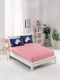 L'essentiel linge de maison Juego de Sábanas Doble 160x200+20 cm, 65% Algodón/35% Poliéster, 2 Fundas Almohada, Azul Oscuro/Rosa/Blanco