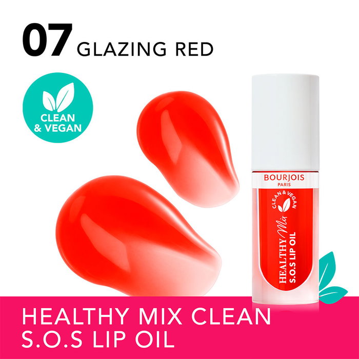 Bourjois HEALTHY MIX S.O.S Aceite Labial #07-Glazing Red, Brillo con 94% Ingredientes Naturales, 4.5 ml Bourjois HEALTHY MIX S.O.S Aceite Labial #07-Glazing Red, Brillo con 94% Ingredientes Naturales, 4.5 ml