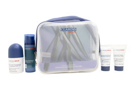 Clarins Men Gift Set: Super Moisture Gel 50ml + Deodorant Roll On 50ml + Shampoo and Shower Gel 30ml + Active Face Wash 30ml