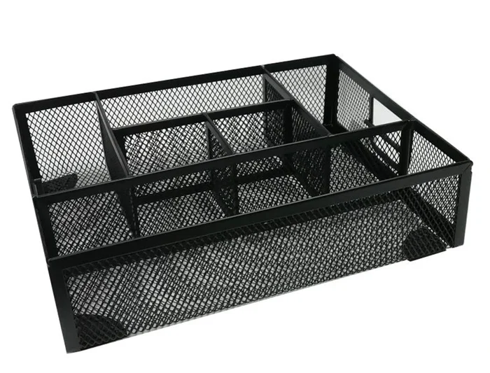 Q-connect KF17291 Organizador de Sobremesa Metálico Rejilla Negra con 6 Departamentos 235x183x65 mm