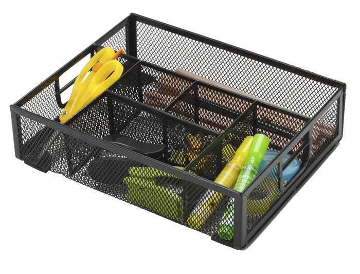 Q-connect KF17291 Organizador de Sobremesa Metálico Rejilla Negra con 6 Departamentos 235x183x65 mm