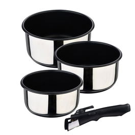 Bergner BG-32293-MM Set 3 Cazos Click & Cook Acero Inoxidable Ø16x8cm, Ø18x9cm, Ø20x10cm + Mango Multiusos Desmontable Inducción