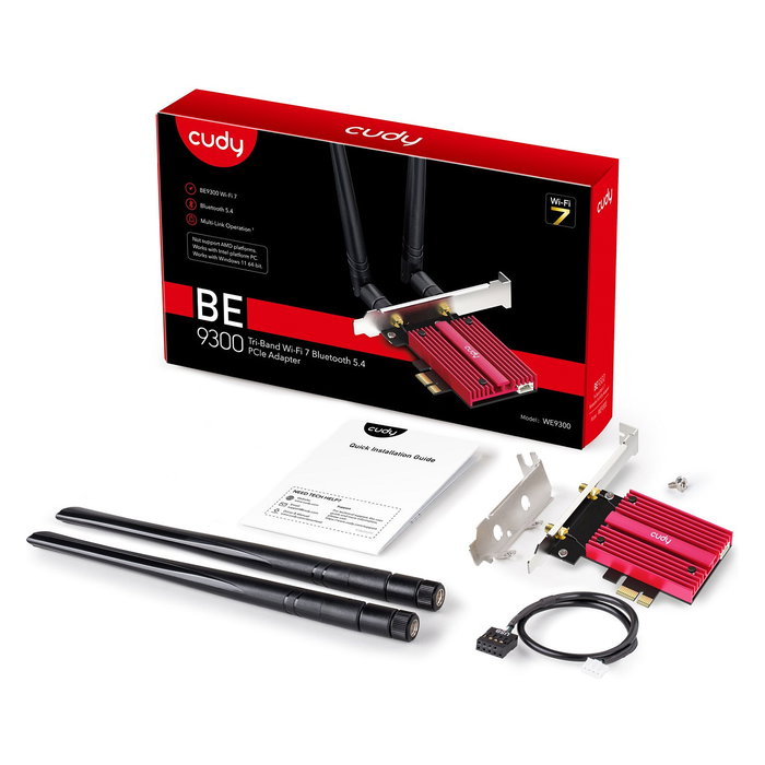 Cudy BE9300 Adaptador WiFi 7 PCIe para PC, Interno e Inalámbrico, Bluetooth 5.4, 5765 Mbps, Banda Triple (2.4/5/6 GHz), Antena Externa 2x2, Compatible con Windows 11