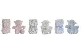 DKD Home Decor Peluche Manta Bebé Rosa, Azul, Beige Poliéster 100 x 1 x 80 cm Set 2 Piezas