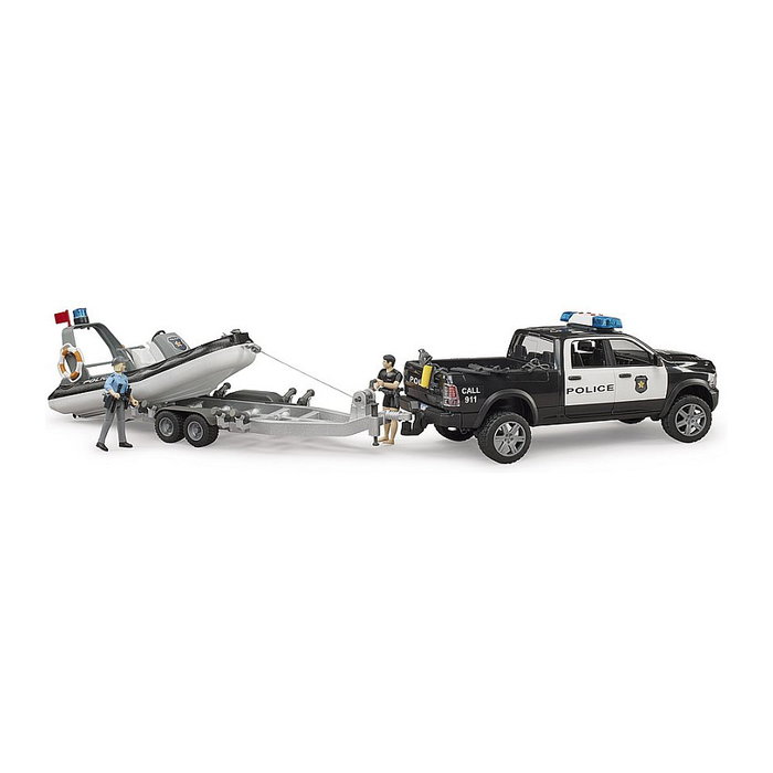 bruder RAM 2500 Polizei Pickup con remolque y bote, 2 figuras, 1:16