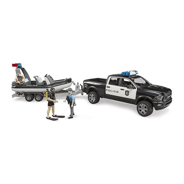 bruder RAM 2500 Polizei Pickup con remolque y bote, 2 figuras, 1:16 bruder RAM 2500 Polizei Pickup con remolque y bote, 2 figuras, 1:16