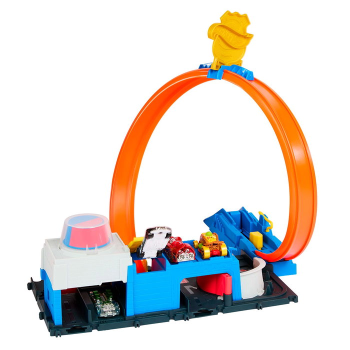 Hot Wheels Pista Super Estación De Policía Jbm71 con Coche a Escala 1:64 - Juego de Carreras con Looping Ajustable (Idiomas: EN, FR, DE, IT, PT, ES) Para +4 Años