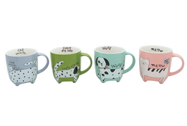 DKD Home Decor Set de 12 Tazas de Porcelana Gato y Perro de 350ml Surtidas