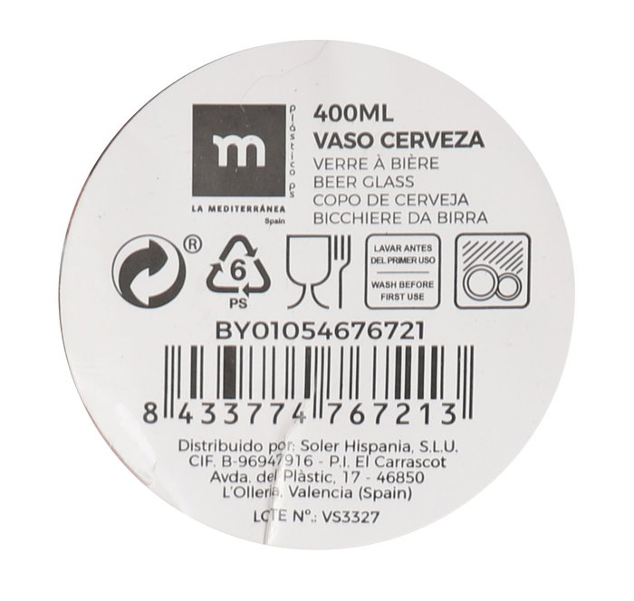 La Mediterranea Vaso Cerveza 400 ml Ps 7 x 13.5 x 7 cm (24 Unidades)