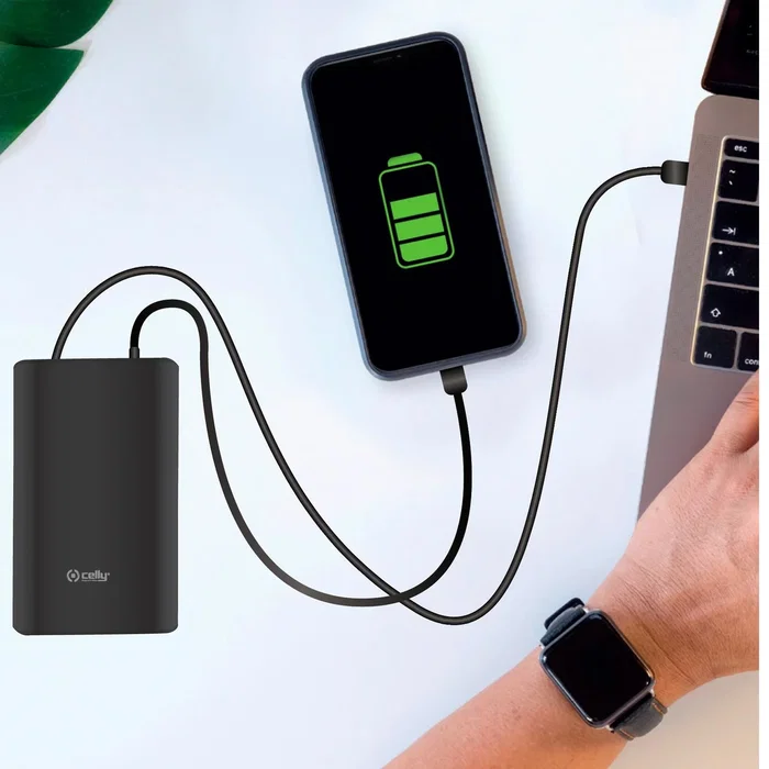 Celly PBPD45W15000BK Power Bank 15000 mAh Batería Externa con Quick Charge 3.0 y 3 Puertos para Carga Rápida, Color Negro