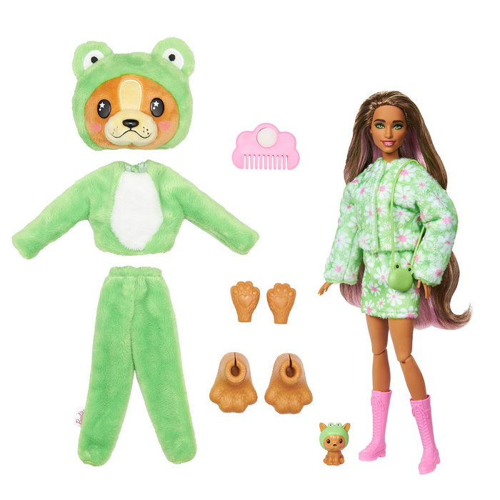 Mattel Barbie Cutie Reveal Hrk24 Muñeca con Disfraz de Rana y Cachorro 10 Sorpresas en 1, Peluche, Cabello Largo Castaño, Articulada, Moda