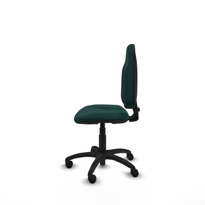 Silla de oficina Algarra con mecanismo Contacto permanente básico tapizada con Similpiel color Verde botella. Equipada con Base poliamida negra, Sin brazos y Ruedas de nailon 50 mm