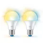 WiZ Bombilla LED Inteligente A60 E27 8W (Equivalente 60W), Blanco Regulable 2700K-6500K, Control por App/Voz, Bluetooth/Wi-Fi, Clase F - Paquete de 2