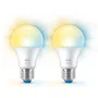 WiZ Bombilla LED Inteligente A60 E27 8W (Equivalente 60W), Blanco Regulable 2700K-6500K, Control por App/Voz, Bluetooth/Wi-Fi, Clase F - Paquete de 2