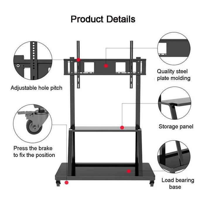 Techly ICA-TR30 Soporte de TV con Ruedas Multifunción, Piso, Hasta 150 kg y Pantallas de 55 pulgadas (139.7 cm) a 100 pulgadas (2.54 m), Color Negro