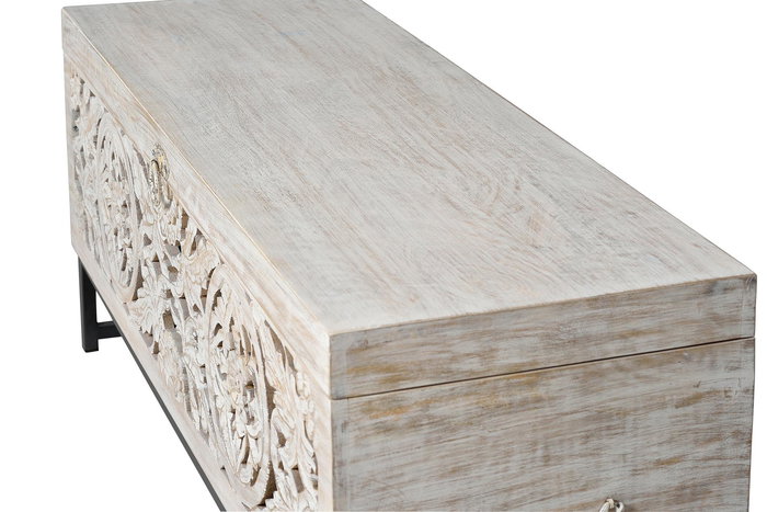 Giner y Colomer Baúl de Madera de Mango y Patas Metal Blanco Envejecido 50x116x40 cm