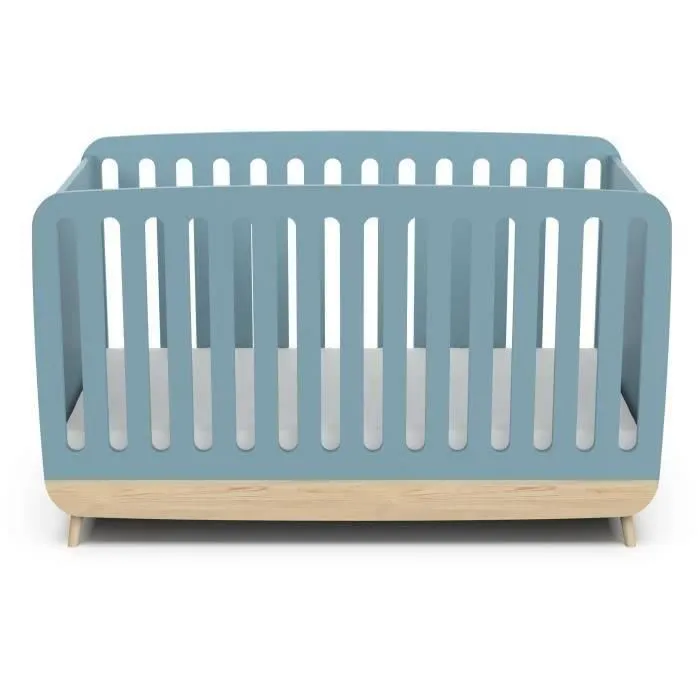 Ens. cuna 70 x 140 Kit escalable, cómoda 2 cajones, 3 nichos y 1 cambiador - FIRMIANA - escandinavo - Azul / madera -