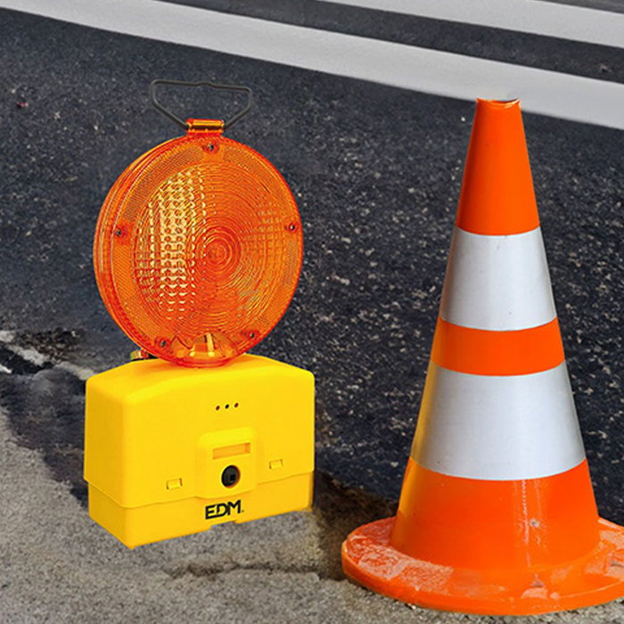 Edm Baliza Señalización LED para Obras Intermitente Fijo Sensor Crepuscular Hasta 30h Autonomía