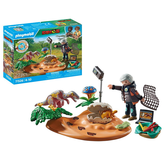 PLAYMOBIL Nido de Estegosaurio con LadrónIntrusón. El investigador atrapa con red. Huevos incluido. 71526. +4 años.