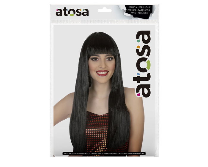 Peluca Larga Lisa Morena Con Flequillo 60cm 120gr Para Disfraces Vampiresa Gitana Reina Oscura Fantasia