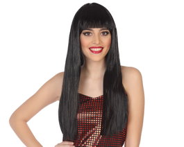 Peluca Larga Lisa Morena con Flequillo, 60 cm, 120 gr, Ideal para Disfraces de Halloween, Fiestas Temáticas y Espectáculos