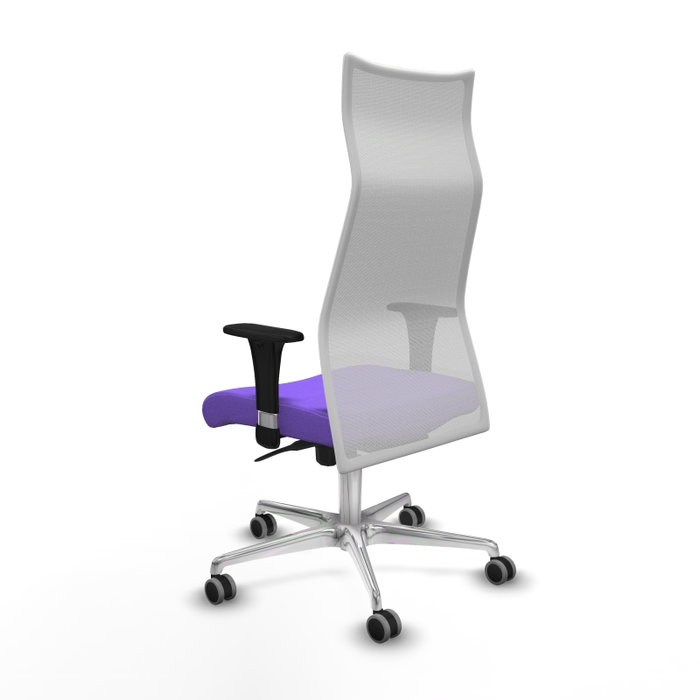 Sillón Albacete con mecanismo Sincro tapizada con Tela color Lila y malla color Blanco. Equipado con Base aluminio, Brazos 1D y Ruedas 65 mm parqué Sillón Albacete con mecanismo Sincro tapizada con Tela color Lila y malla color Blanco. Equipado con Base aluminio, Brazos 1D y Ruedas 65 mm parqué