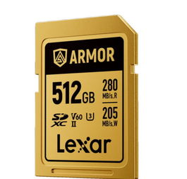 Lexar Tarjeta SDXC Profesional Armor Gold 512GB UHS-II U3 V60 C10, Hasta 280MB/s Lectura, 210MB/s Escritura, IP68, Acero Inoxidable LSDAMGL512G-RNNNG