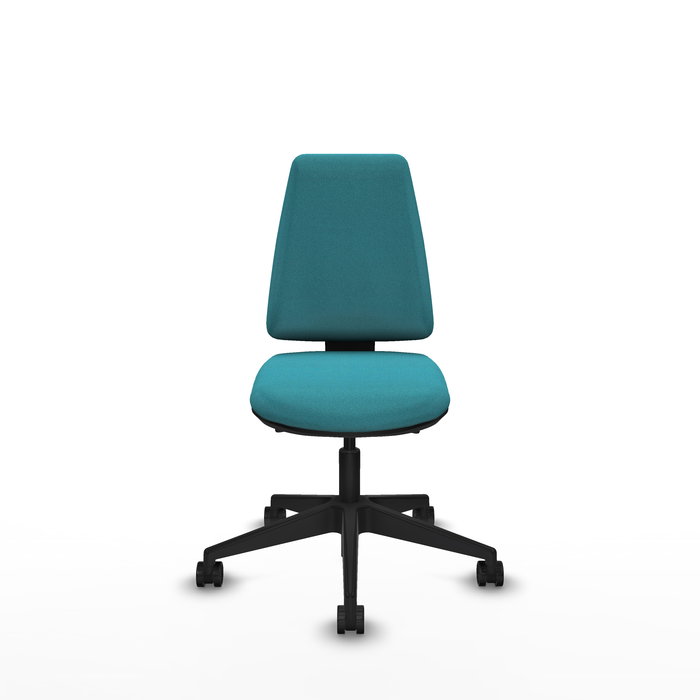 Silla de oficina Elche con mecanismo Asincro tapizada con Tela color Turquesa. Equipada con Base piramidal negra, Sin brazos y Ruedas 65mm nailon
