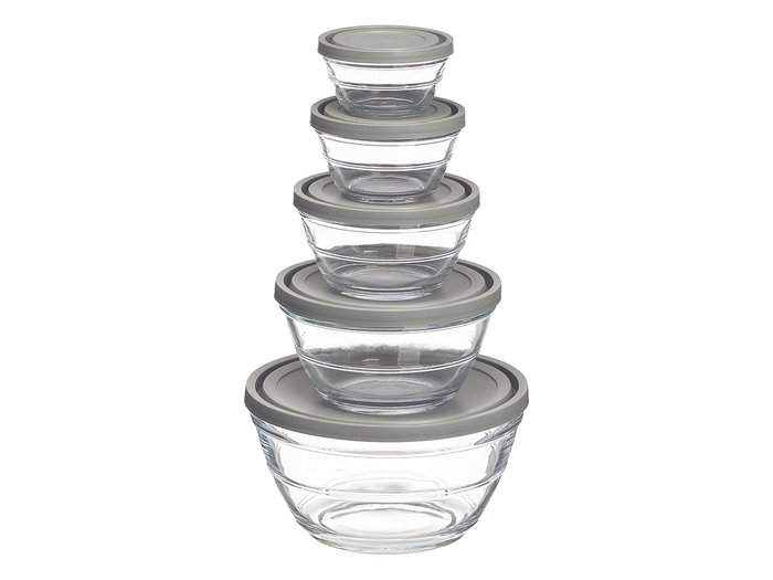 Vivalto Set 5 Fiambreras Redondas Gris 22x22x12cm Cristal 2.4L 1.1L 600ML 280ML 180ML (Set de 6)