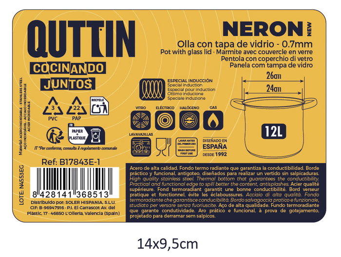 Inde Olla Acero Inoxidable con Tapa, 26 cm de Diámetro, Capacidad 12 Litros, Modelo New Neron (2 Unidades)