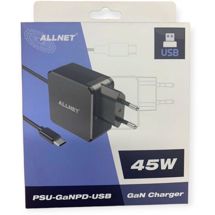ALLNET Cargador QC USB-C PD GaN 45W 1x USB Tipo-C con Cable de 2m Enchufe EU ALLNET Cargador QC USB-C PD GaN 45W 1x USB Tipo-C con Cable de 2m Enchufe EU