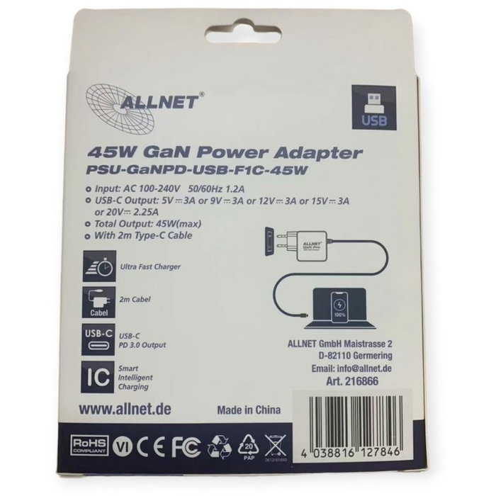 ALLNET Cargador QC USB-C PD GaN 45W 1x USB Tipo-C con Cable de 2m Enchufe EU ALLNET Cargador QC USB-C PD GaN 45W 1x USB Tipo-C con Cable de 2m Enchufe EU