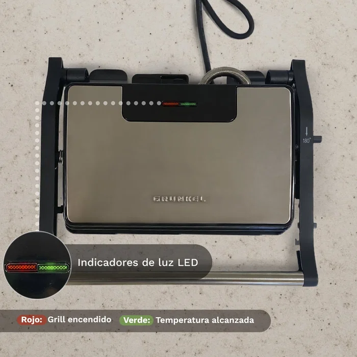 Grunkel GRL-MARBLE - Parrilla eléctrica de contacto 1000W, placas antiadherentes 23x14.5 cm, apertura 180°, acero inoxidable, bandeja de goteo, fácil de limpiar Grunkel GRL-MARBLE - Parrilla eléctrica de contacto 1000W, placas antiadherentes 23x14.5 cm, apertura 180°, acero inoxidable, bandeja de goteo, fácil de limpiar
