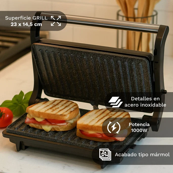 Grunkel GRL-MARBLE - Parrilla eléctrica de contacto 1000W, placas antiadherentes 23x14.5 cm, apertura 180°, acero inoxidable, bandeja de goteo, fácil de limpiar Grunkel GRL-MARBLE - Parrilla eléctrica de contacto 1000W, placas antiadherentes 23x14.5 cm, apertura 180°, acero inoxidable, bandeja de goteo, fácil de limpiar