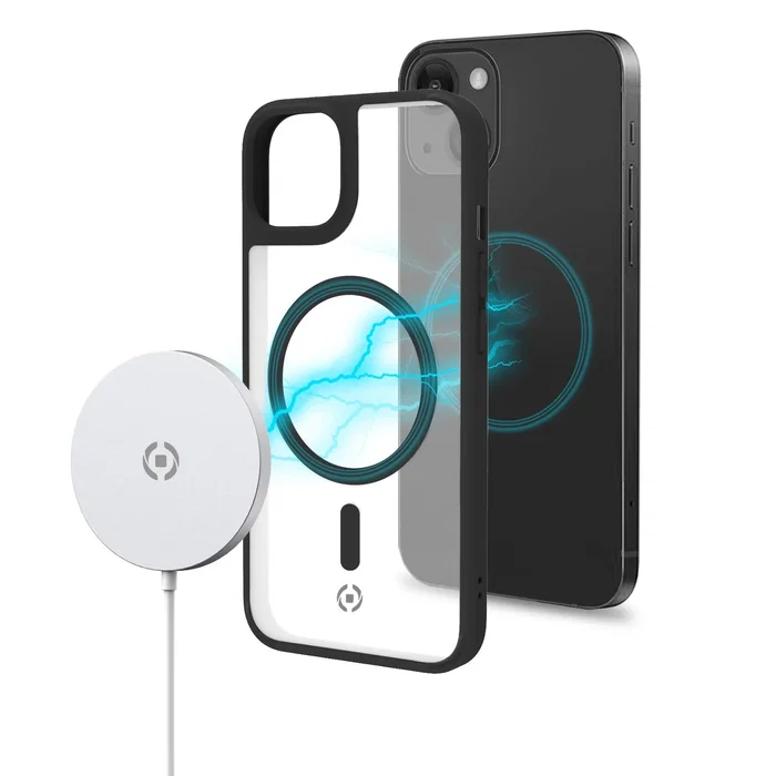 Celly Magmatt Funda para iPhone 14 Pro - Compatible con MagSafe, Policarbonato y TPU, Negro y Transparente, Resistente a Impactos y Rayones, 15.5 cm (6.1")