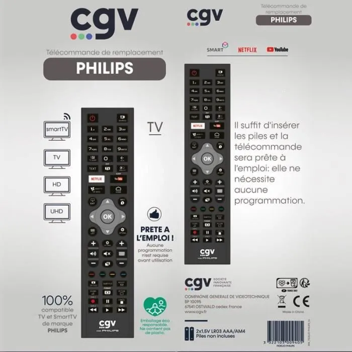 CGV Mando a distancia de repuesto CGV3322103009405 para televisores Philips - Sin programación - Listo para usar CGV Mando a distancia de repuesto CGV3322103009405 para televisores Philips - Sin programación - Listo para usar