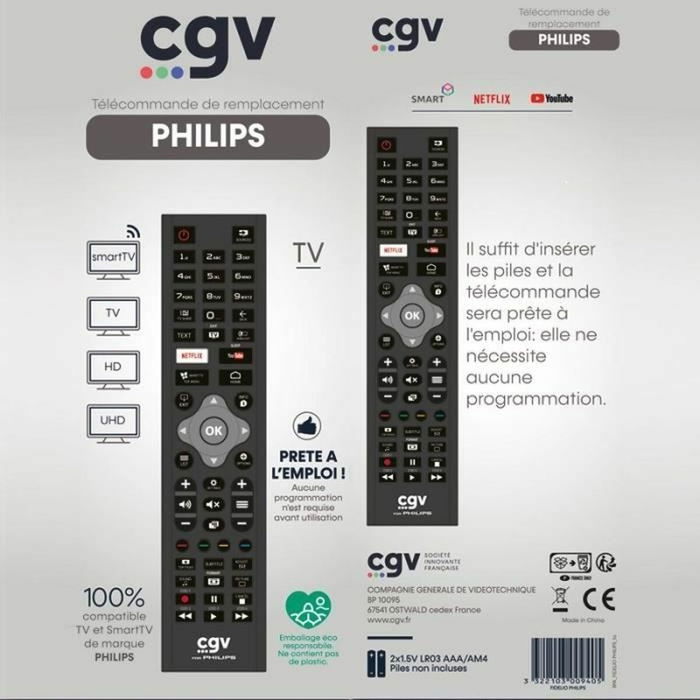 CGV Mando a distancia de repuesto CGV3322103009405 para televisores Philips - Sin programación - Listo para usar