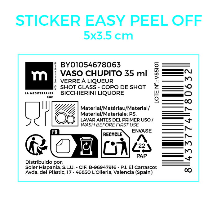 La Mediterranea Vaso Chupito 35ml, Alto 5.8 cm, Ancho 4 cm, Largo 4 cm (24 Unidades)