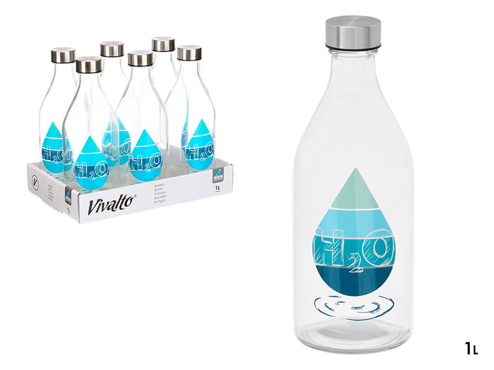 Vivalto Botella de Agua con Tapon de Acero, Vidrio, 1000 ml, 9x25x9 cm, Transparente y Plata (Set de 12) Vivalto Botella de Agua con Tapon de Acero, Vidrio, 1000 ml, 9x25x9 cm, Transparente y Plata (Set de 12)