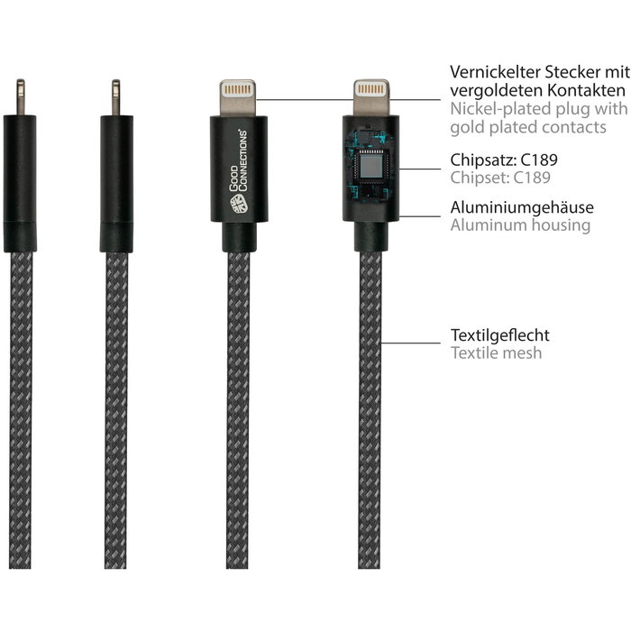 GoodConnections Cable USB A a Lightning 1.8 m 12W para iPhone iPad Carga Rápida Textil Negro Alcasa 2510-AL005S