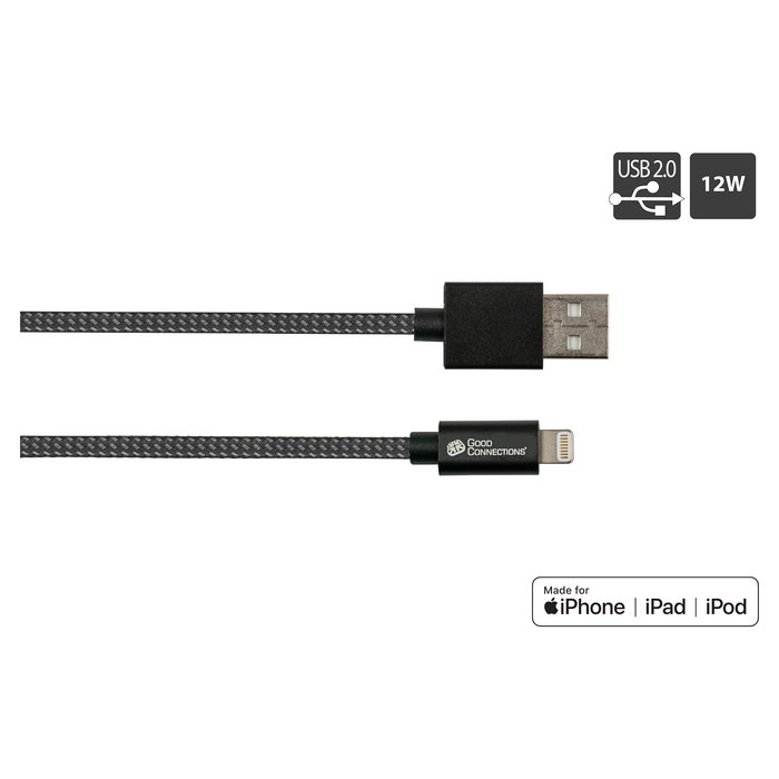 GoodConnections Cable USB A a Lightning 1.8 m 12W para iPhone iPad Carga Rápida Textil Negro Alcasa 2510-AL005S