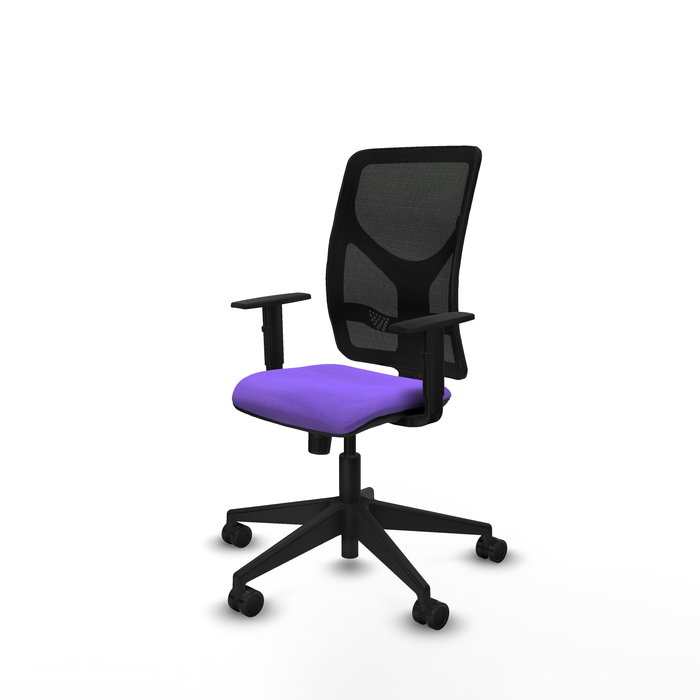 Silla de oficina Motilla con mecanismo Sincro tapizada con Tela color Lila y malla color negra. Equipada con lumbar 1D, Brazos 1D y Ruedas 65mm nailon